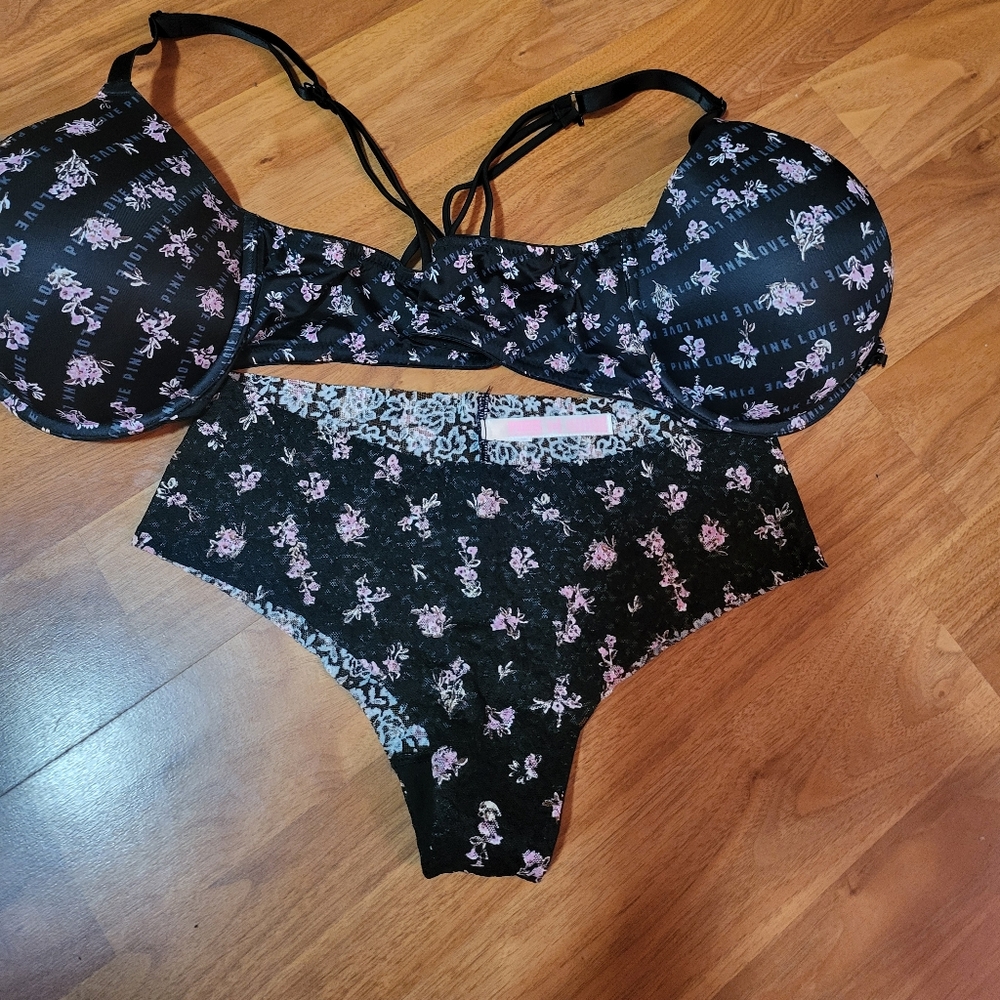 Floral Black and Pink Lingerie Set